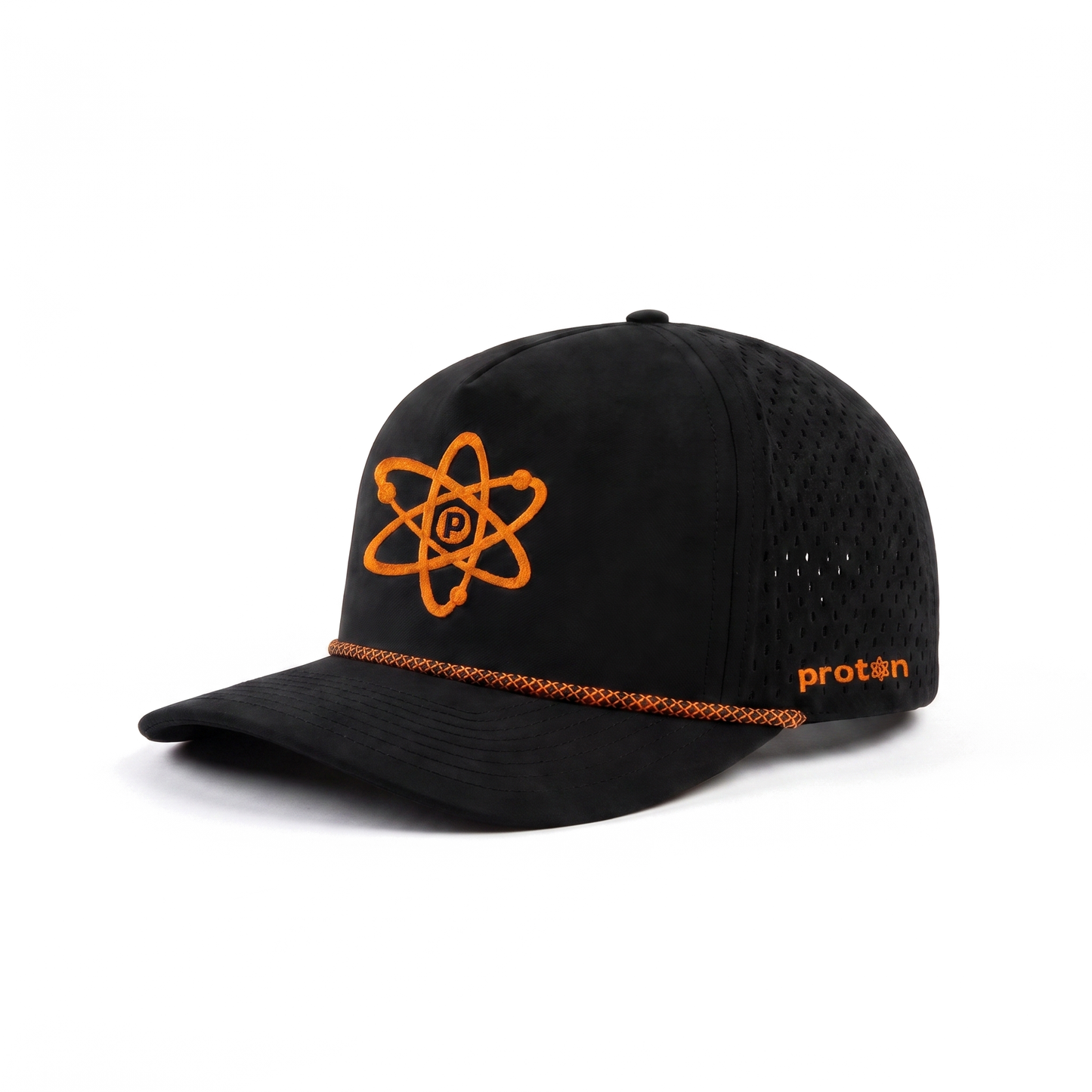Project Coyote Hat in Black — orange atom, rope brim, studio white