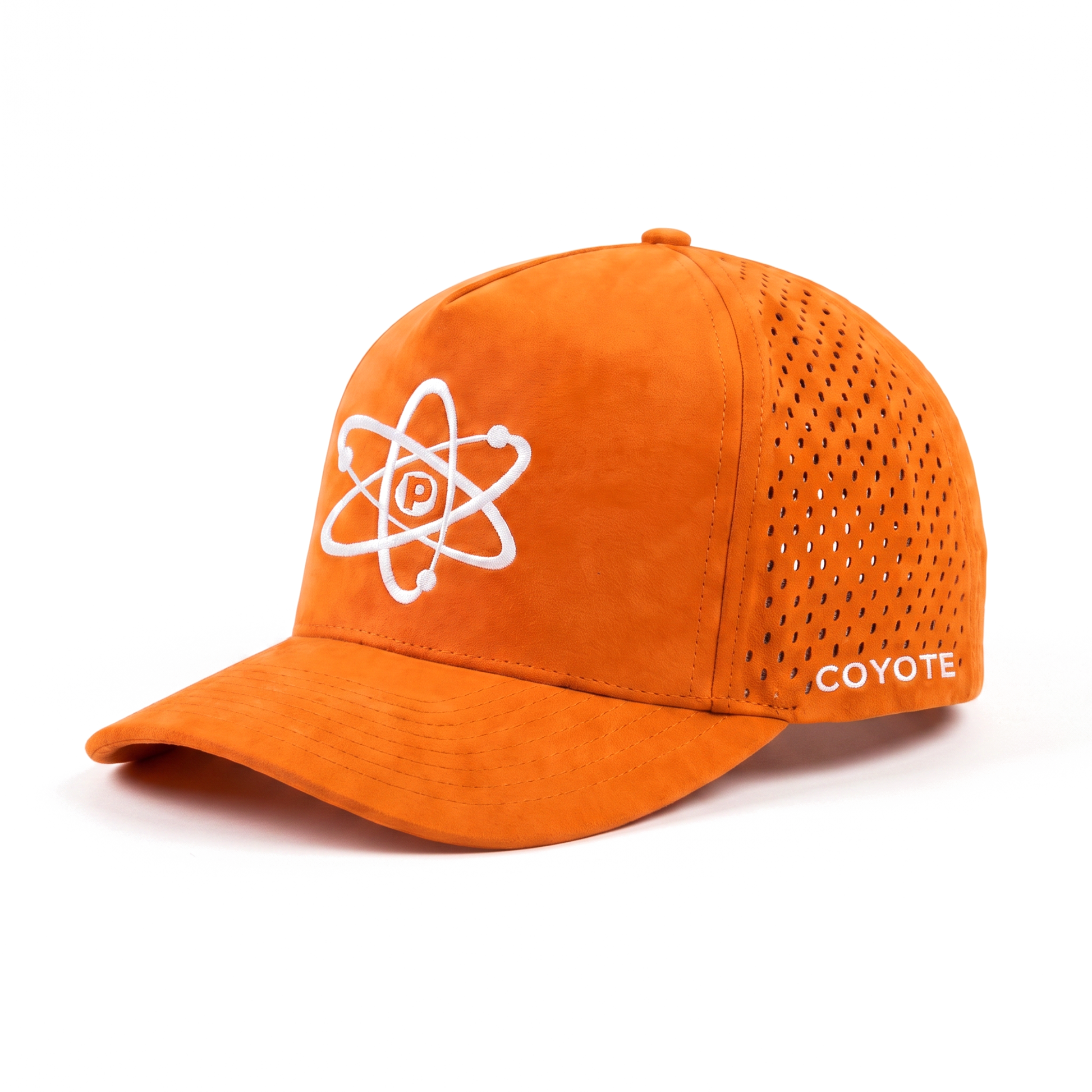 Project Coyote Hat in Safety Orange — white atom, COYOTE side panel, studio white