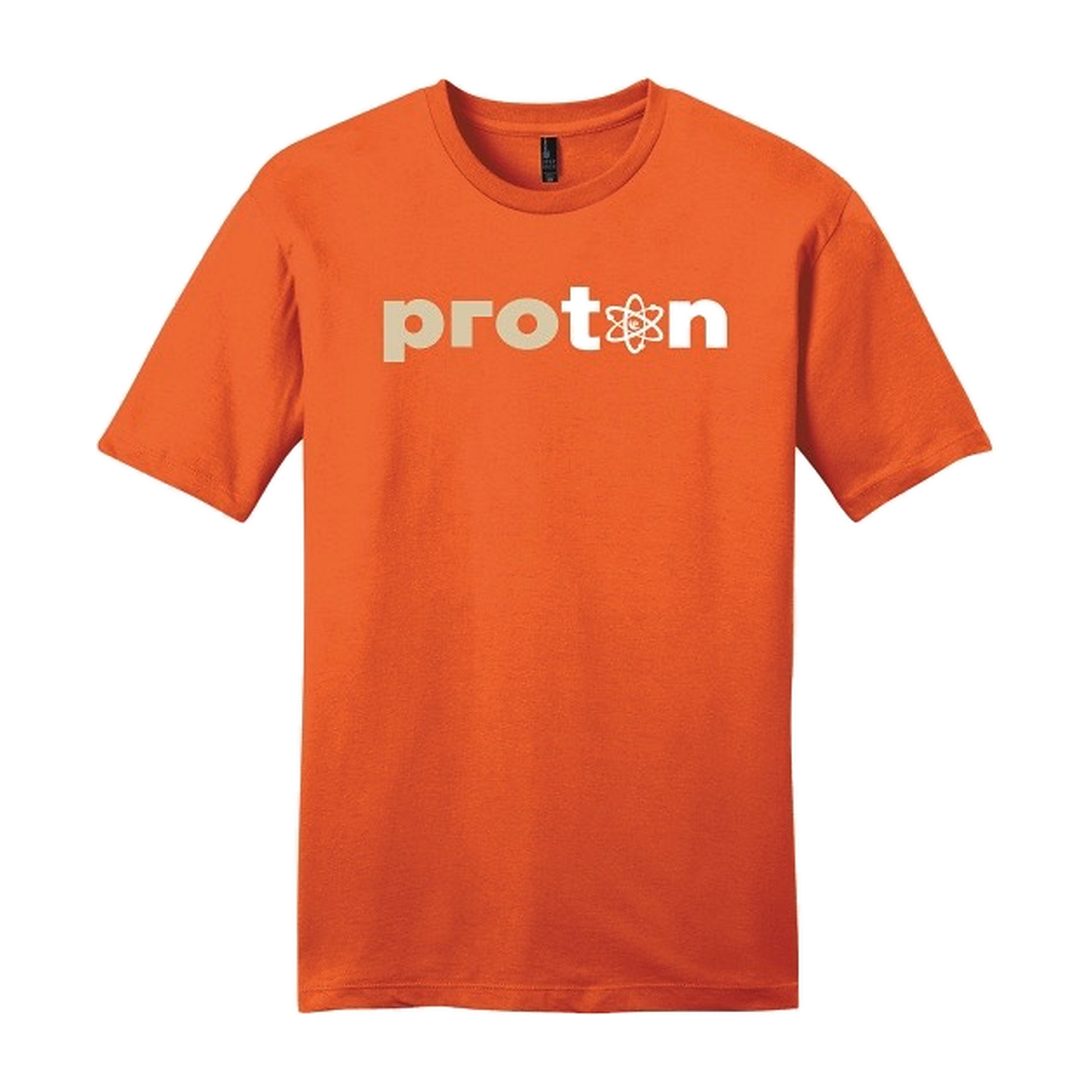 Project Coyote Tee in safety orange, front view with the two-tone proton wordmark on the chest