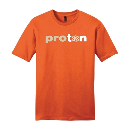 Project Coyote Tee in safety orange, front view with the two-tone proton wordmark on the chest