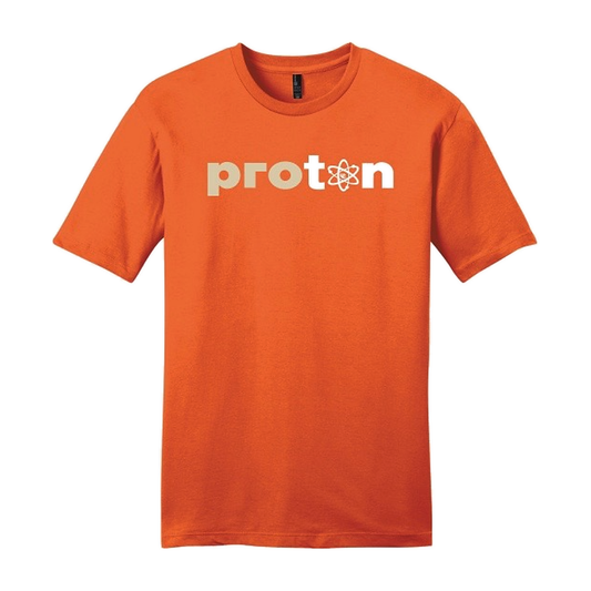 Project Coyote Tee in safety orange, front view with the two-tone proton wordmark on the chest