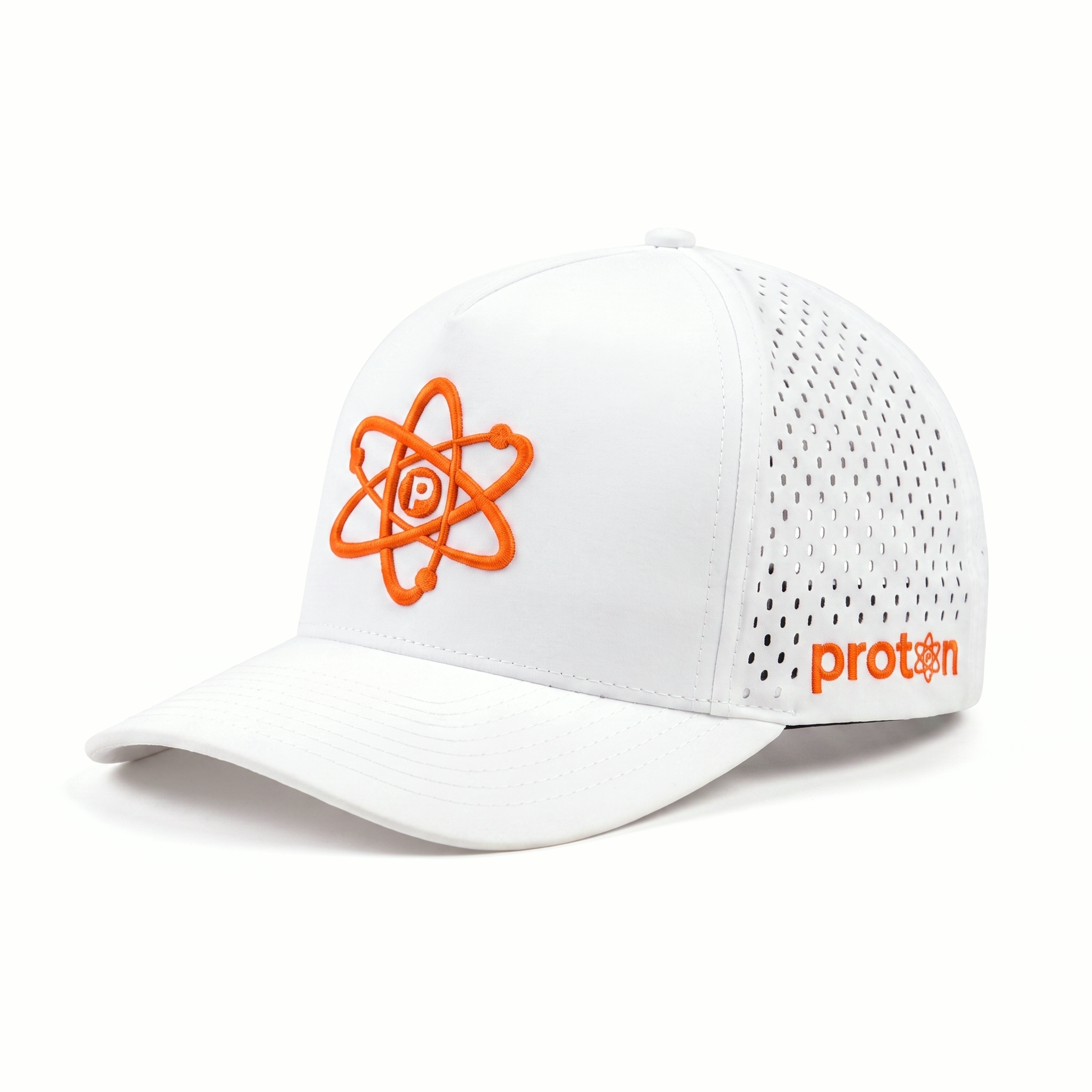 Project Coyote Hat in White — orange atom, perforated side panels, orange proton wordmark