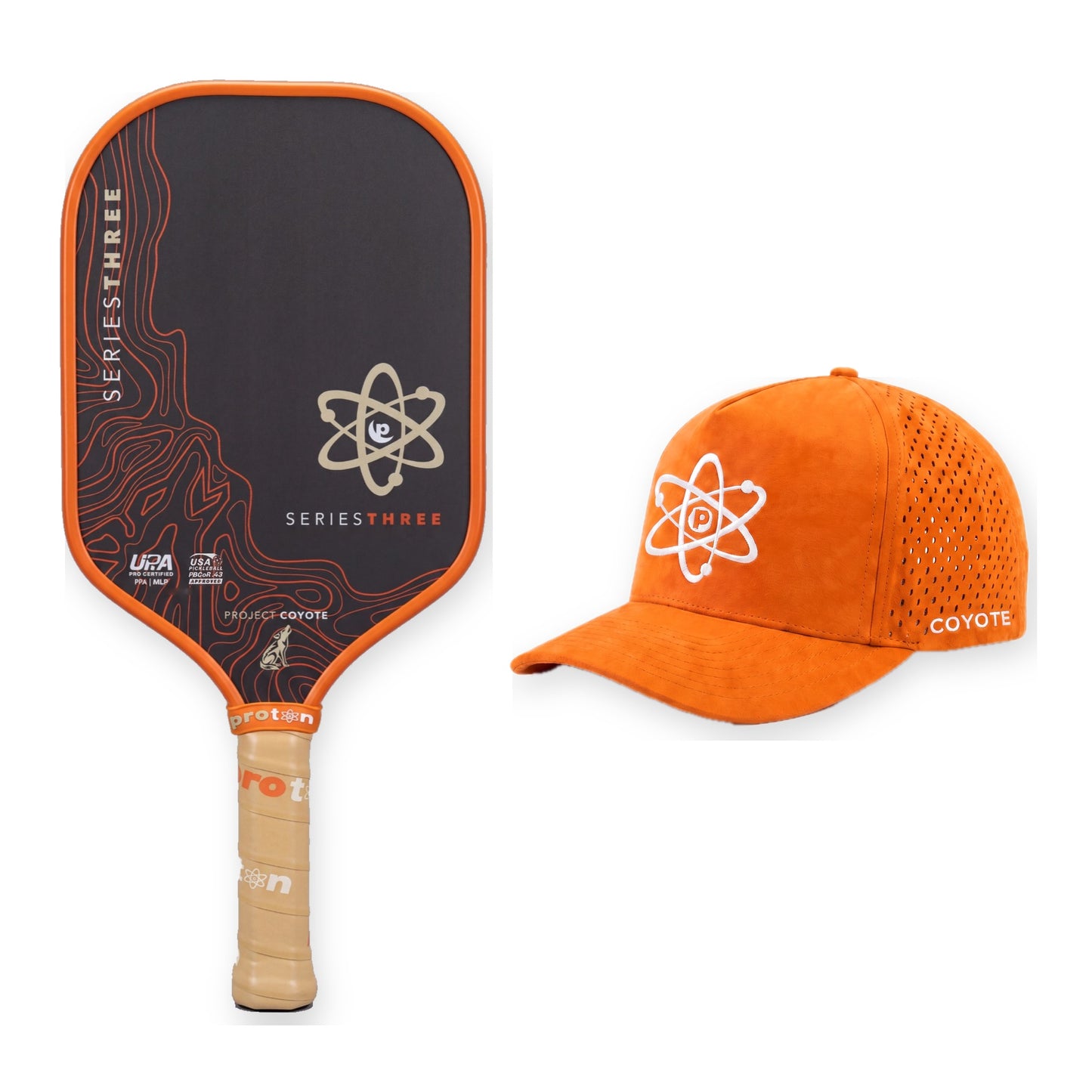 Project Coyote bundle — the Elongated 15mm paddle beside the Project Coyote hat in Safety Orange