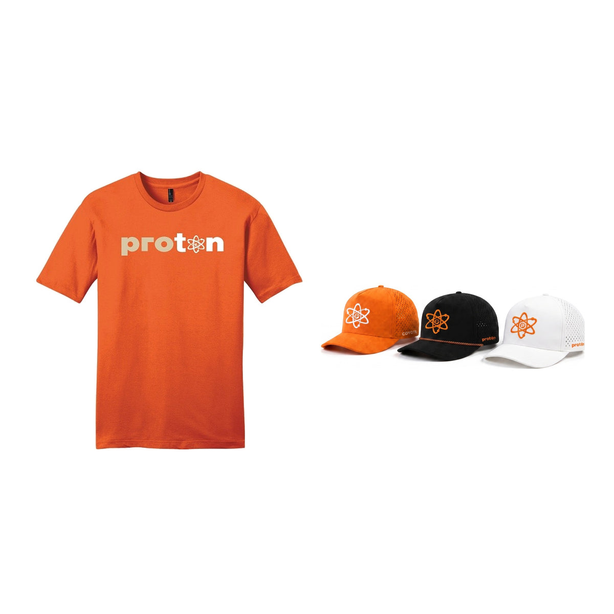 Project Coyote Hat + Tee bundle — orange tee and safety-orange, black and white caps