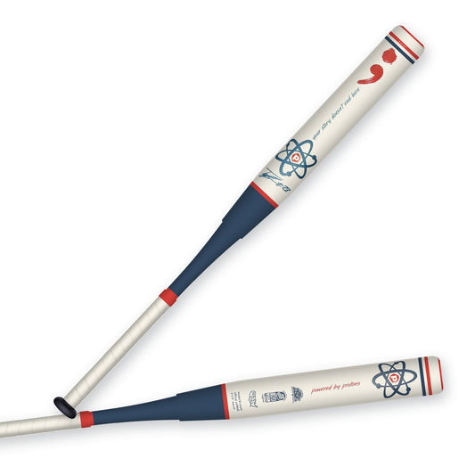 The Ervine Semicolon slowpitch softball bat — cream, navy and red