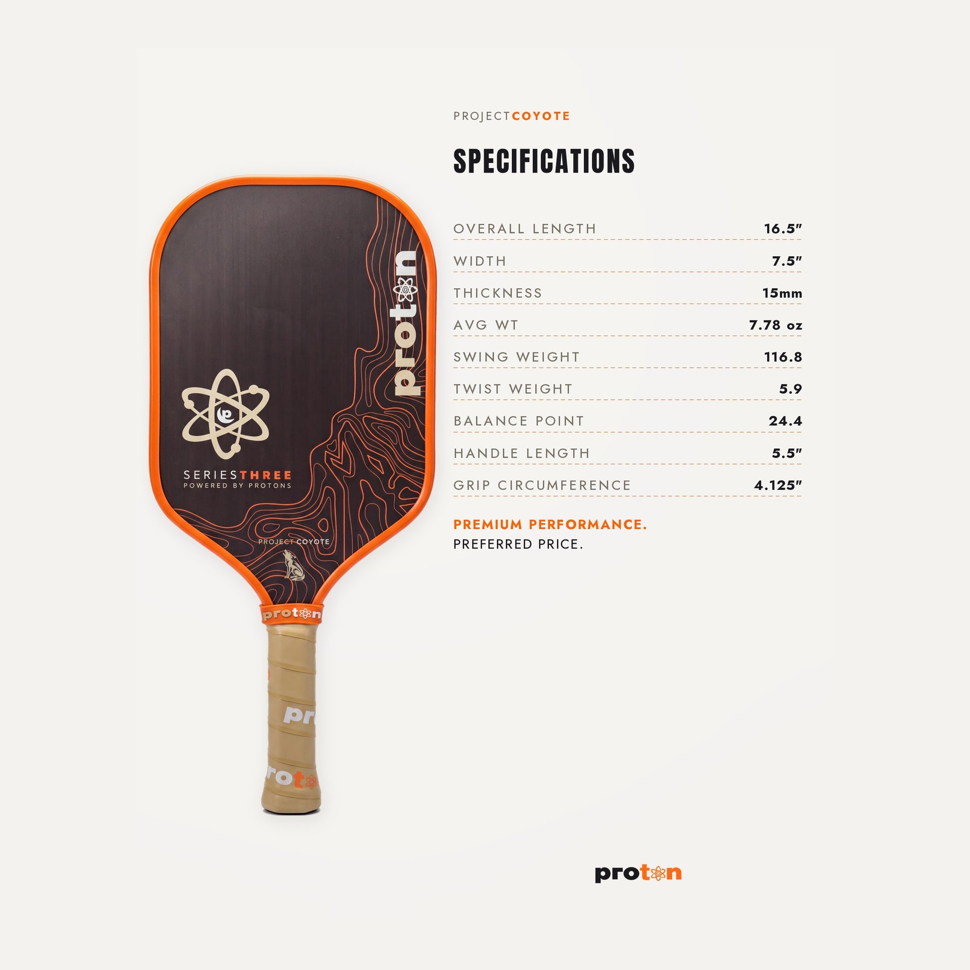 Project Coyote specifications — 16.5 inch length, 15mm thickness, 7.78 oz